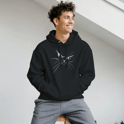 "Attitude Cat Hoodie" – Double - Sided Line Art Hoodie – Minimalist Angry Cat Pullover (Black) - MildPrint.store