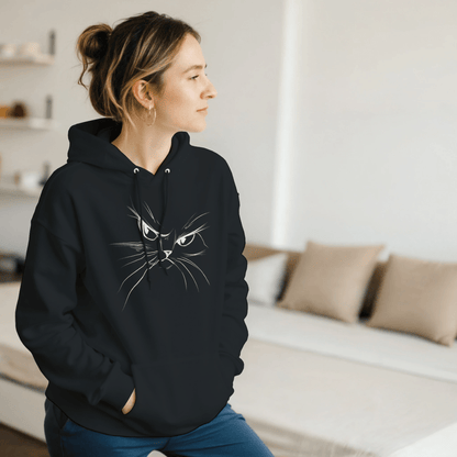 "Attitude Cat Hoodie" – Double - Sided Line Art Hoodie – Minimalist Angry Cat Pullover (Black) - MildPrint.store