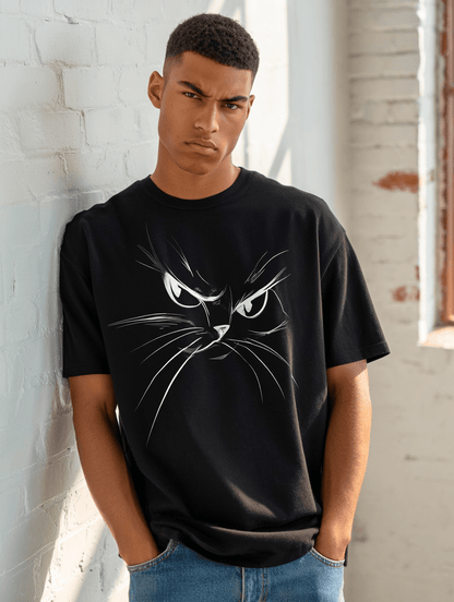 "Attitude Cat" – Minimalist Line Art T-Shirt – Double - Sided Elegant Cat Tee – Chic Unisex Animal Shirt (Black) - MildPrint.store