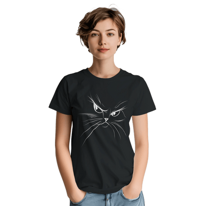 "Attitude Cat" – Minimalist Line Art T-Shirt – Double - Sided Elegant Cat Tee – Chic Unisex Animal Shirt (Black) - MildPrint.store
