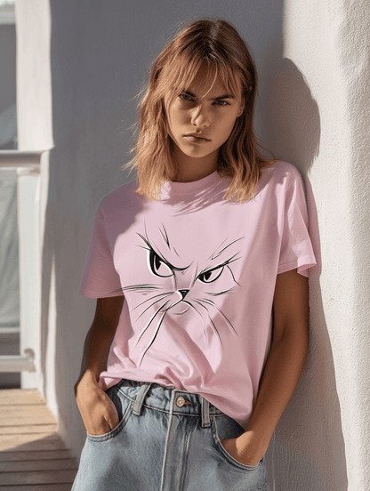 "Attitude Cat" – Minimalist Line Art T-Shirt – Double - Sided Elegant Cat Tee – Chic Unisex Animal Shirt (Light Pink) - MildPrint.store