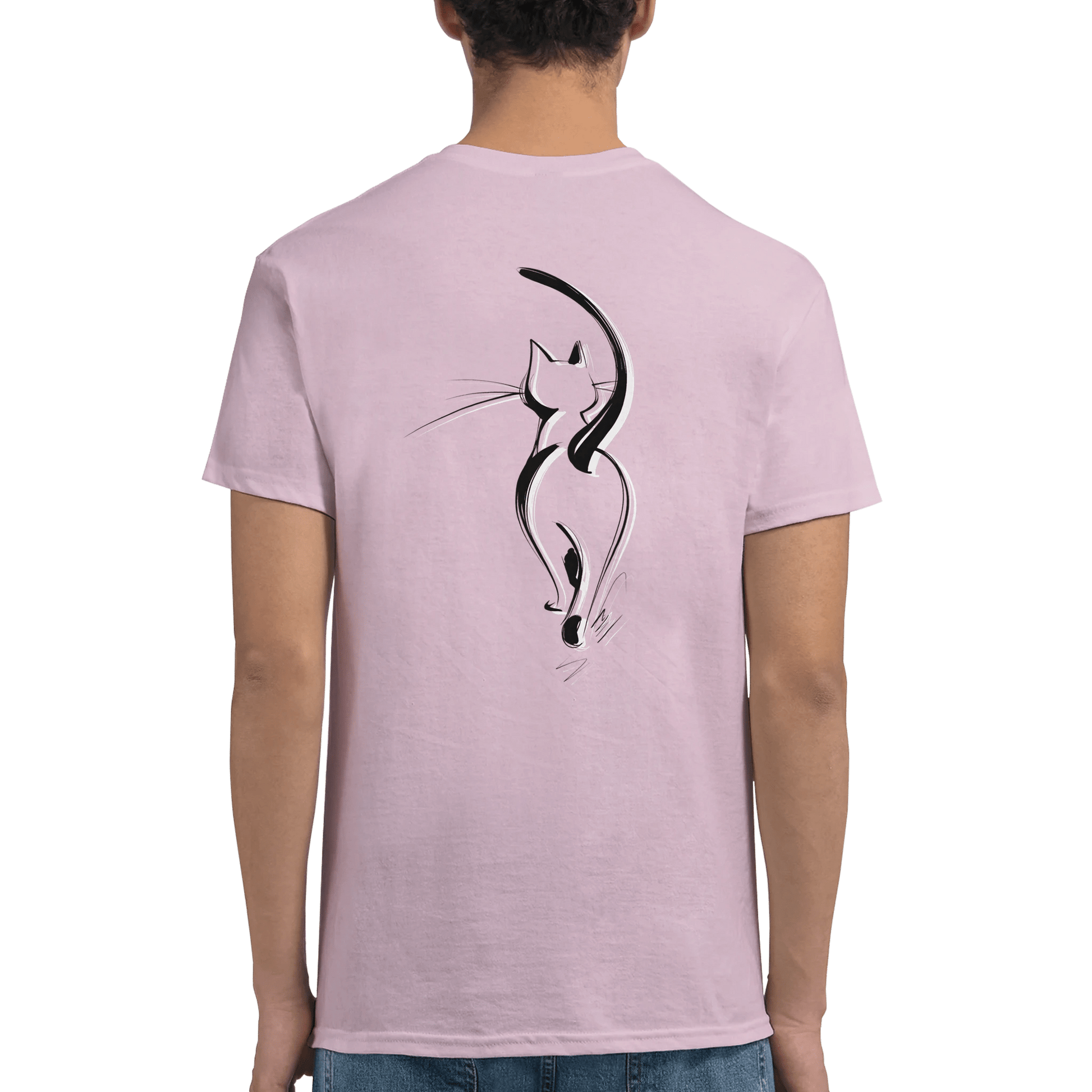 "Attitude Cat" – Minimalist Line Art T-Shirt – Double - Sided Elegant Cat Tee – Chic Unisex Animal Shirt (Light Pink) - MildPrint.store