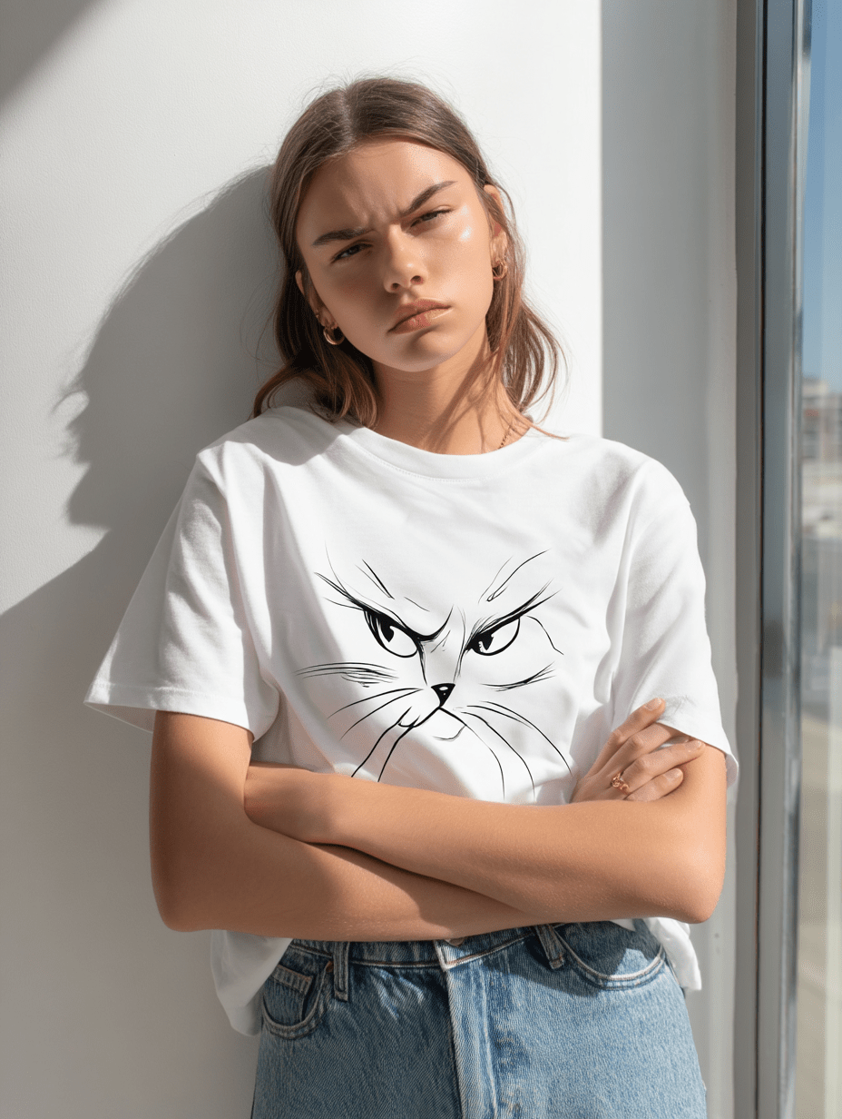 "Attitude Cat" – Minimalist Line Art T-Shirt – Double - Sided Elegant Cat Tee – Chic Unisex Animal Shirt (White) - MildPrint.store