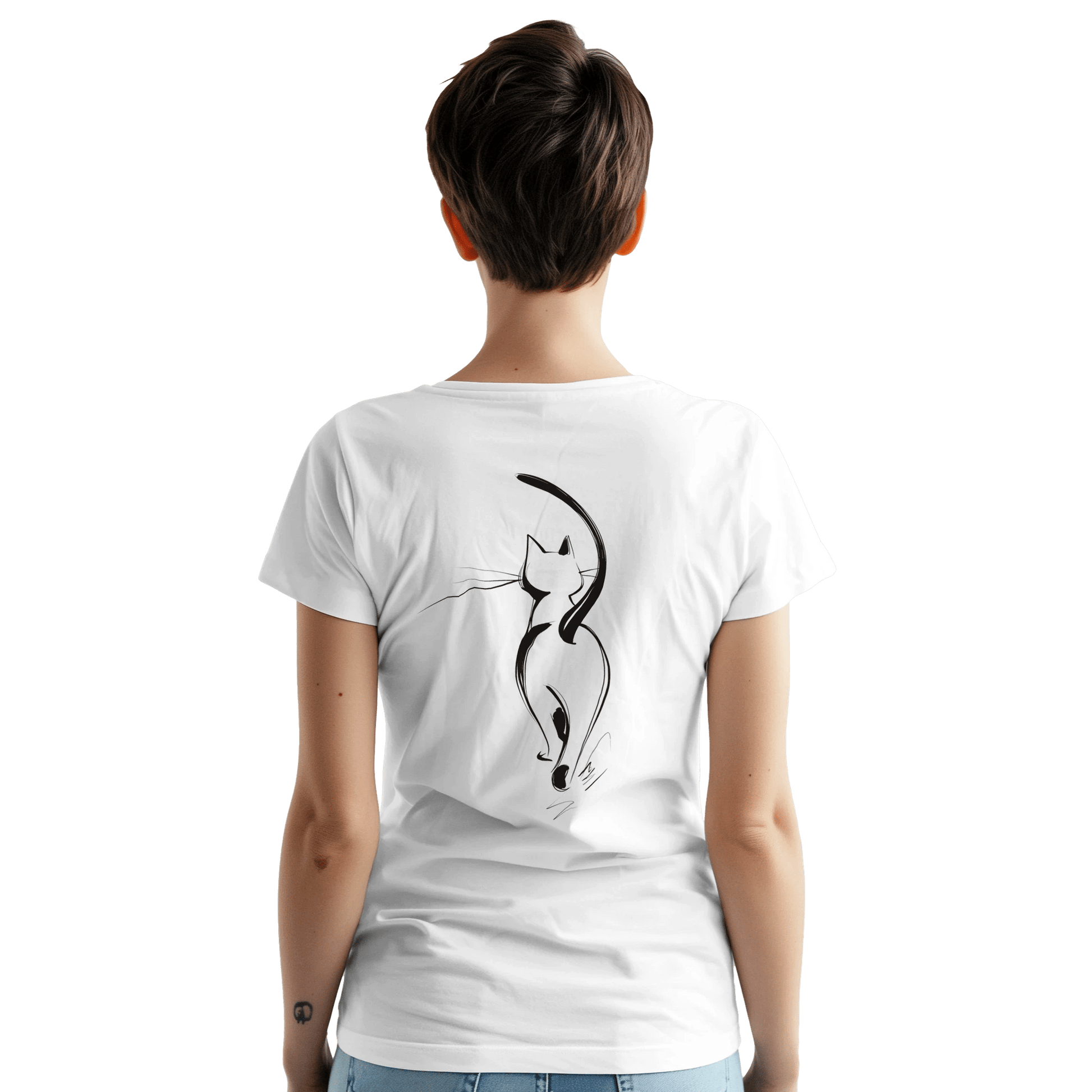 "Attitude Cat" – Minimalist Line Art T-Shirt – Double - Sided Elegant Cat Tee – Chic Unisex Animal Shirt (White) - MildPrint.store