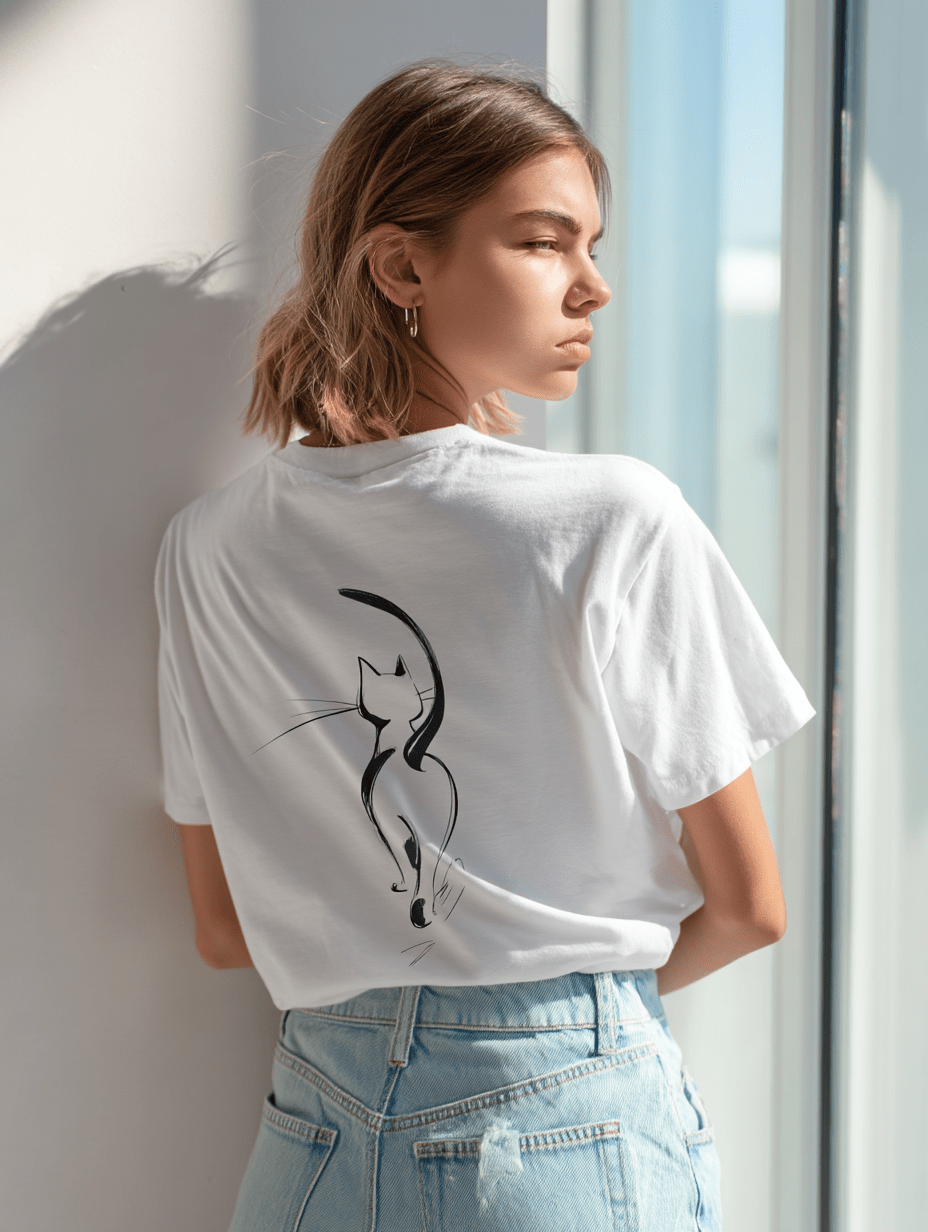 "Attitude Cat" – Minimalist Line Art T-Shirt – Double - Sided Elegant Cat Tee – Chic Unisex Animal Shirt (White) - MildPrint.store