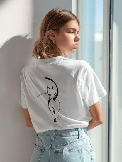 "Attitude Cat" – Minimalist Line Art T-Shirt – Double - Sided Elegant Cat Tee – Chic Unisex Animal Shirt (White) - MildPrint.store
