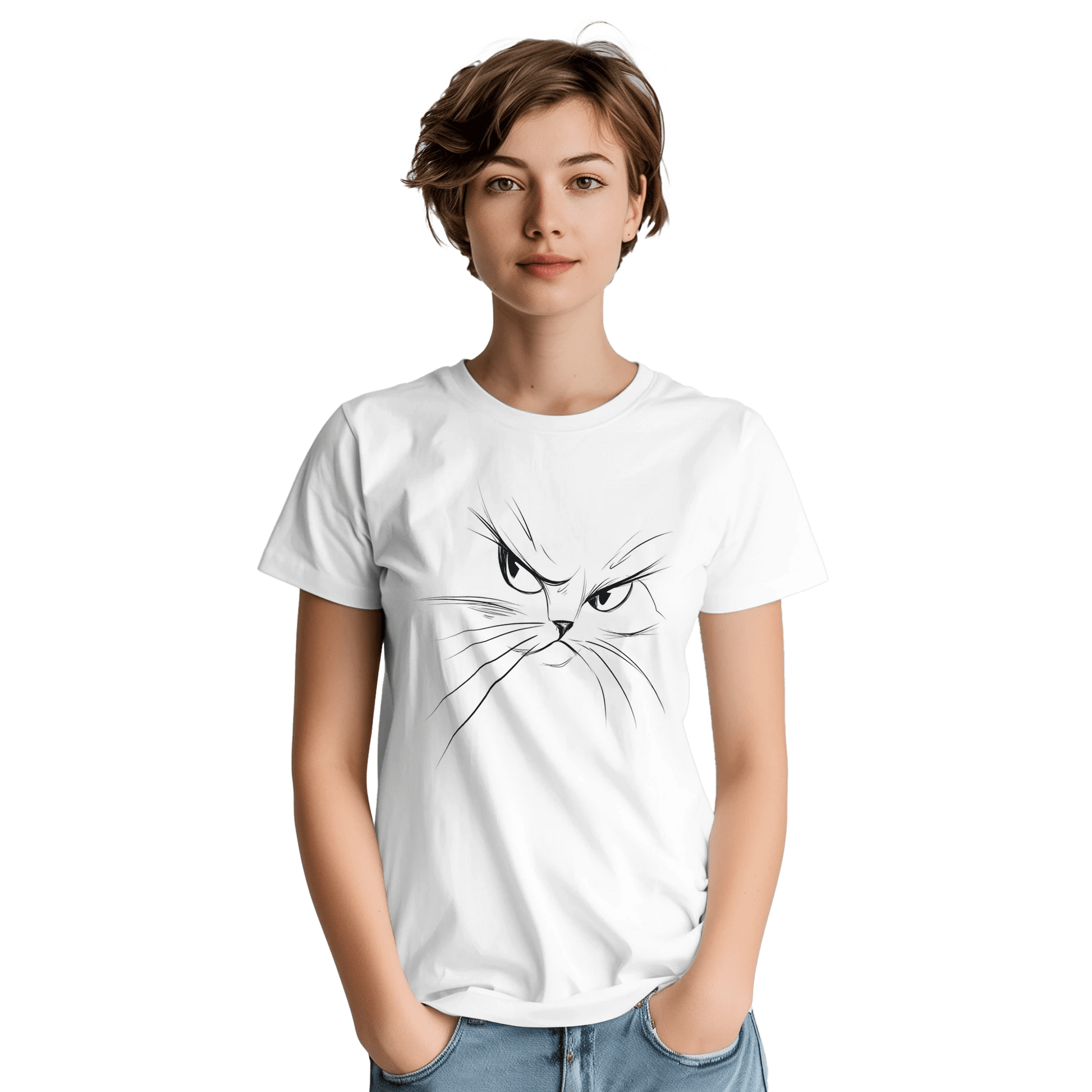 "Attitude Cat" – Minimalist Line Art T-Shirt – Double - Sided Elegant Cat Tee – Chic Unisex Animal Shirt (White) - MildPrint.store