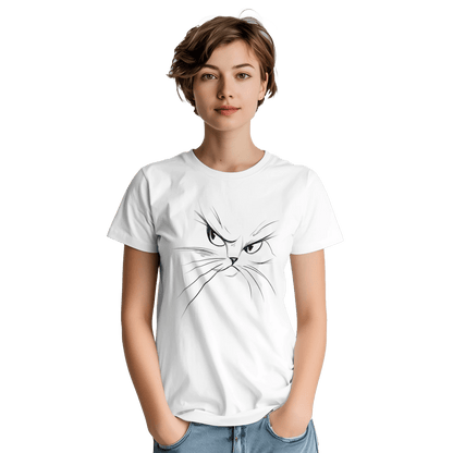 "Attitude Cat" – Minimalist Line Art T-Shirt – Double - Sided Elegant Cat Tee – Chic Unisex Animal Shirt (White) - MildPrint.store