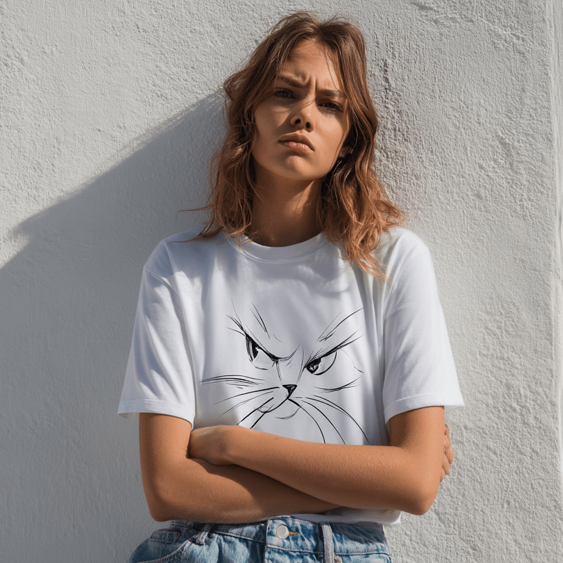 "Attitude Cat" – Minimalist Line Art T-Shirt – Double - Sided Elegant Cat Tee – Chic Unisex Animal Shirt (White) - MildPrint.store
