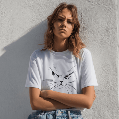 "Attitude Cat" – Minimalist Line Art T-Shirt – Double - Sided Elegant Cat Tee – Chic Unisex Animal Shirt (White) - MildPrint.store