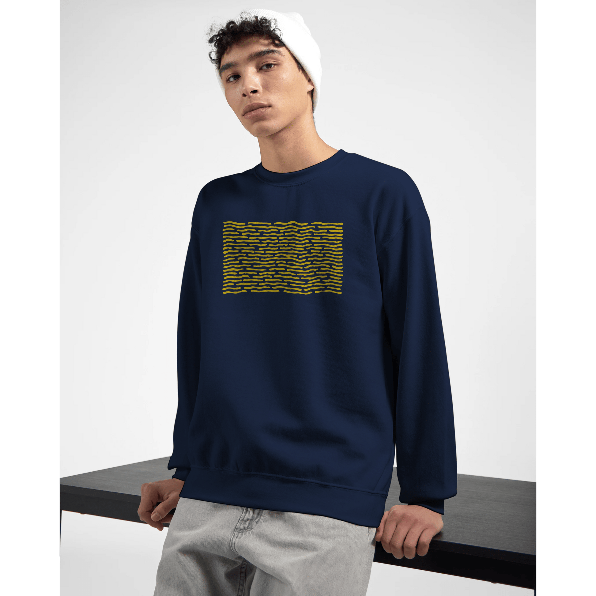 "Blue Current" – Minimal Wavy Line Crewneck Sweatshirt (Navy) - MildPrint.store