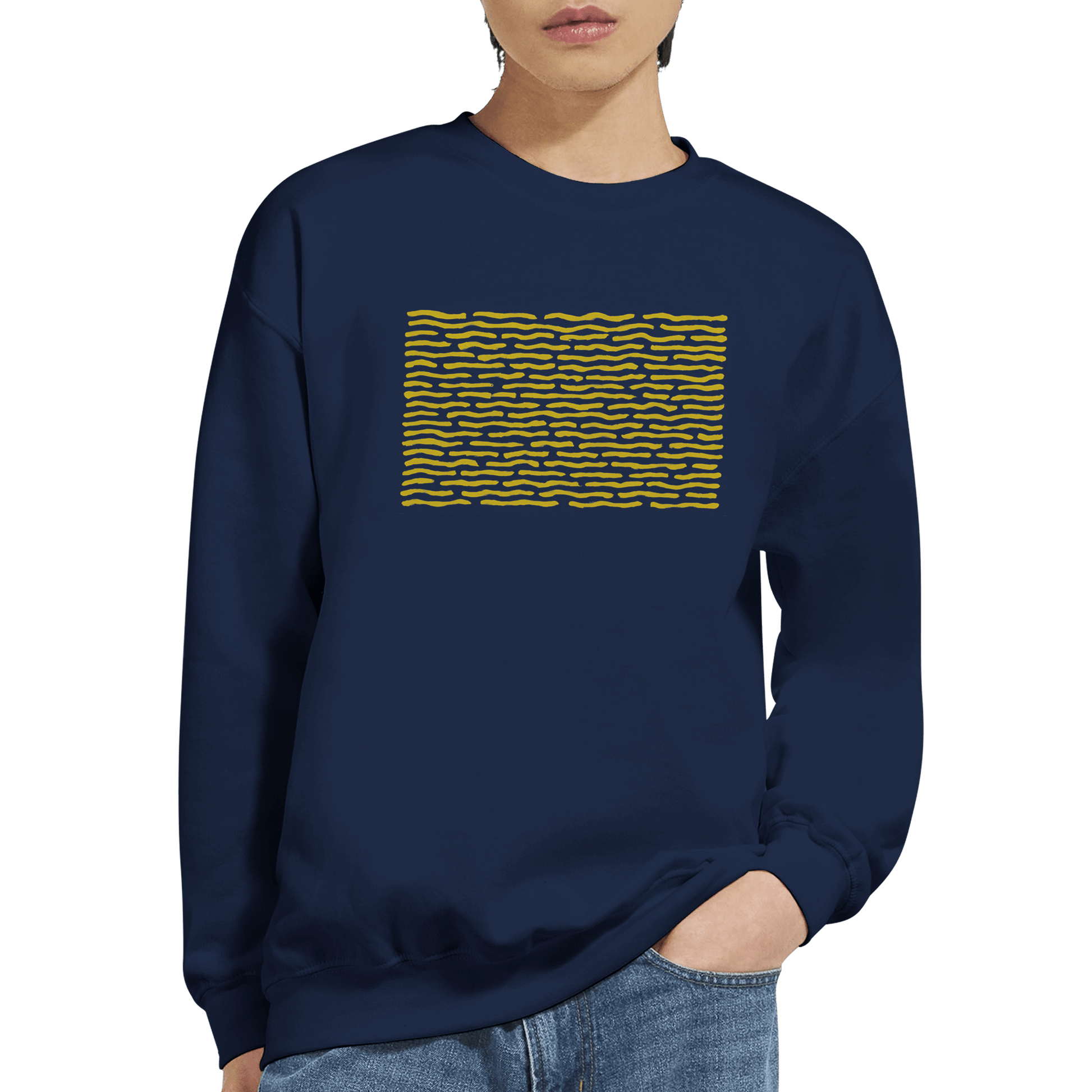 "Blue Current" – Minimal Wavy Line Crewneck Sweatshirt (Navy) - MildPrint.store