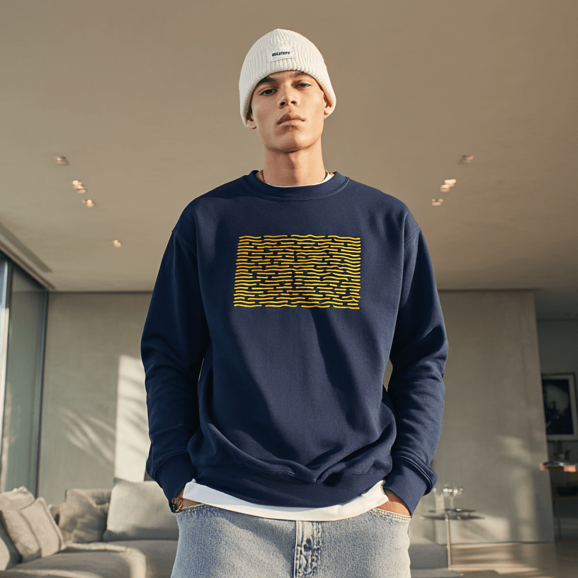 "Blue Current" – Minimal Wavy Line Crewneck Sweatshirt (Navy) - MildPrint.store