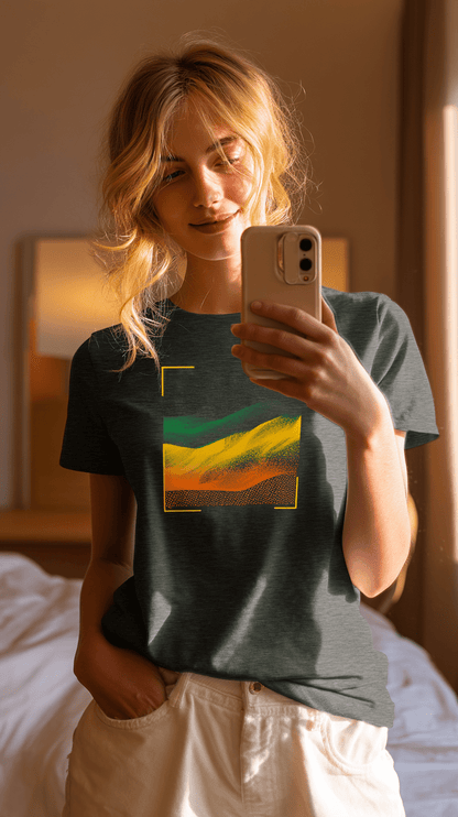 "Digital Terrain" – Abstract Gradient Grid T-Shirt – Futuristic Landscape Graphic Tee (Graphite Heather) - MildPrint.store