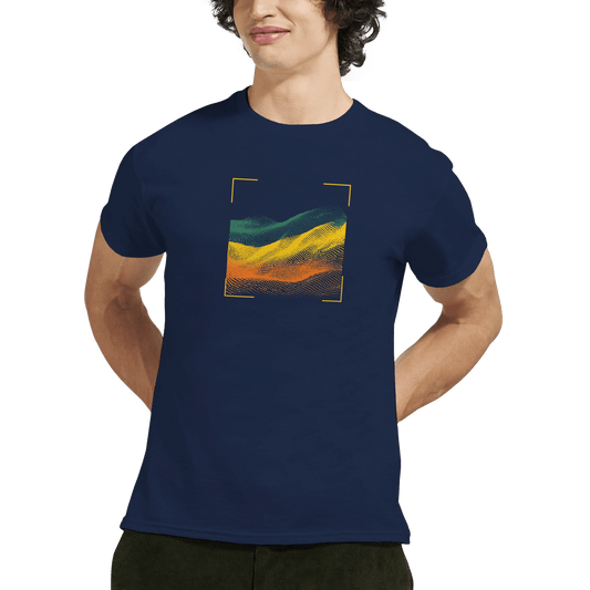 "Digital Terrain" – Abstract Gradient Grid T-Shirt – Futuristic Landscape Graphic Tee (Navy) - MildPrint.store