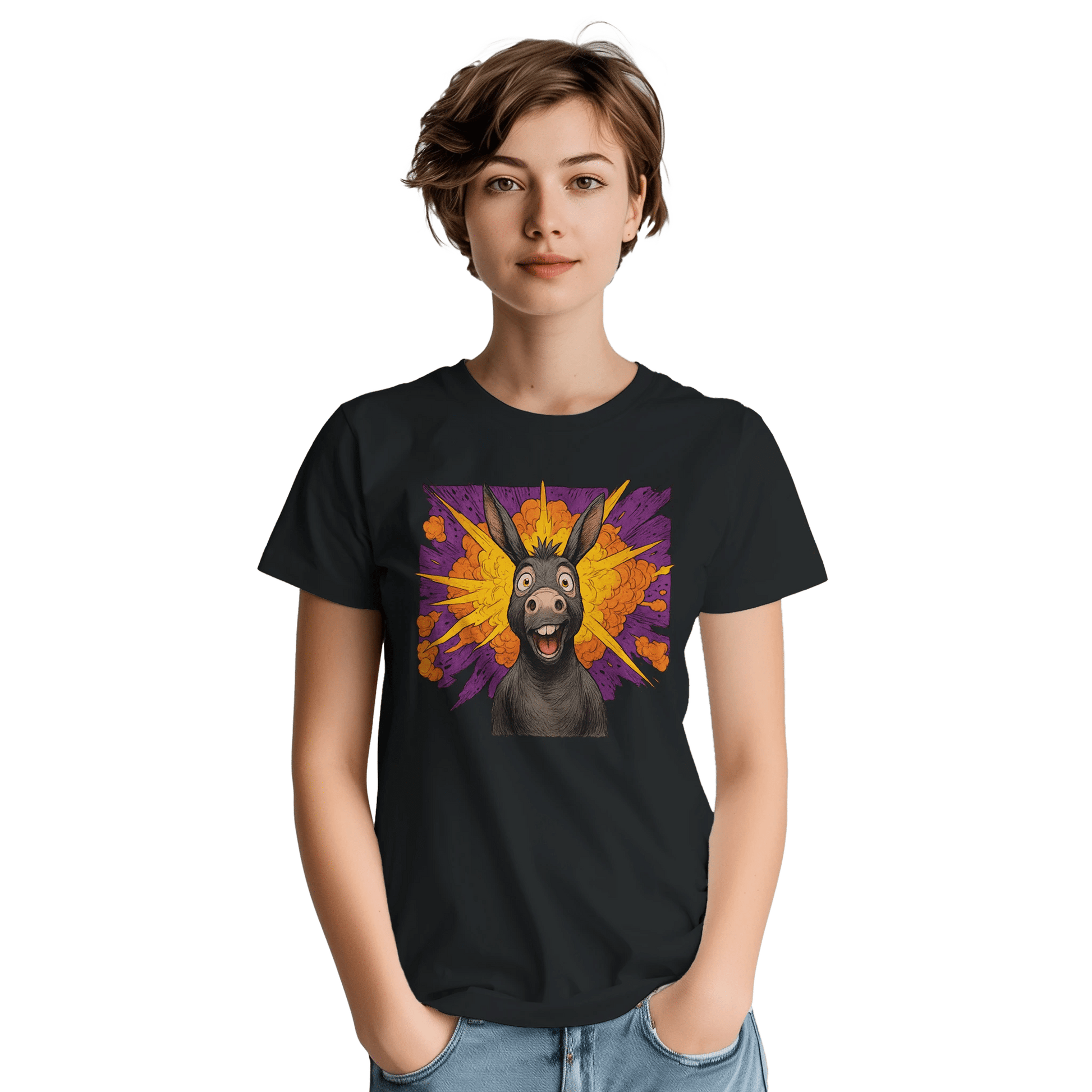 "Exploding Personality" – Funny Donkey T-Shirt – Double - Sided Comic Tee – Weird Gift for Him or Her (Black) - MildPrint.store
