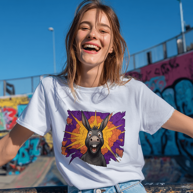 "Exploding Personality" – Funny Donkey T-Shirt – Double - Sided Comic Tee – Weird Gift for Him or Her (White) - MildPrint.store