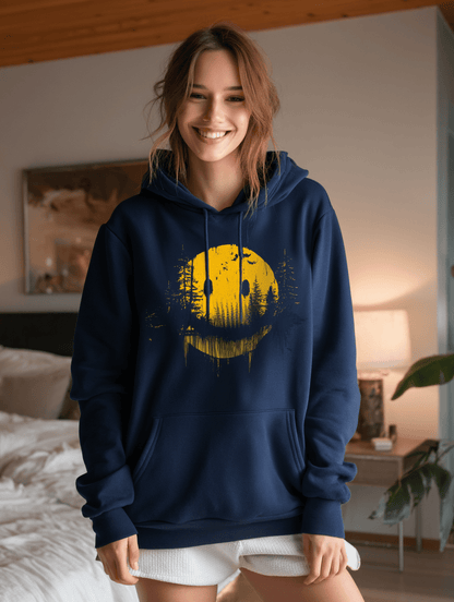 "Forest Smiley Hoodie" – Grunge Yellow Moon Hoodie – Nature Meets Streetwear - MildPrint.store