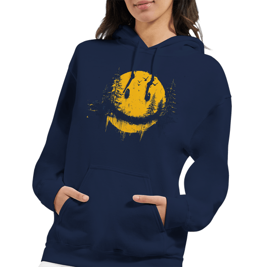 "Forest Smiley Hoodie" – Grunge Yellow Moon Hoodie – Nature Meets Streetwear - MildPrint.store