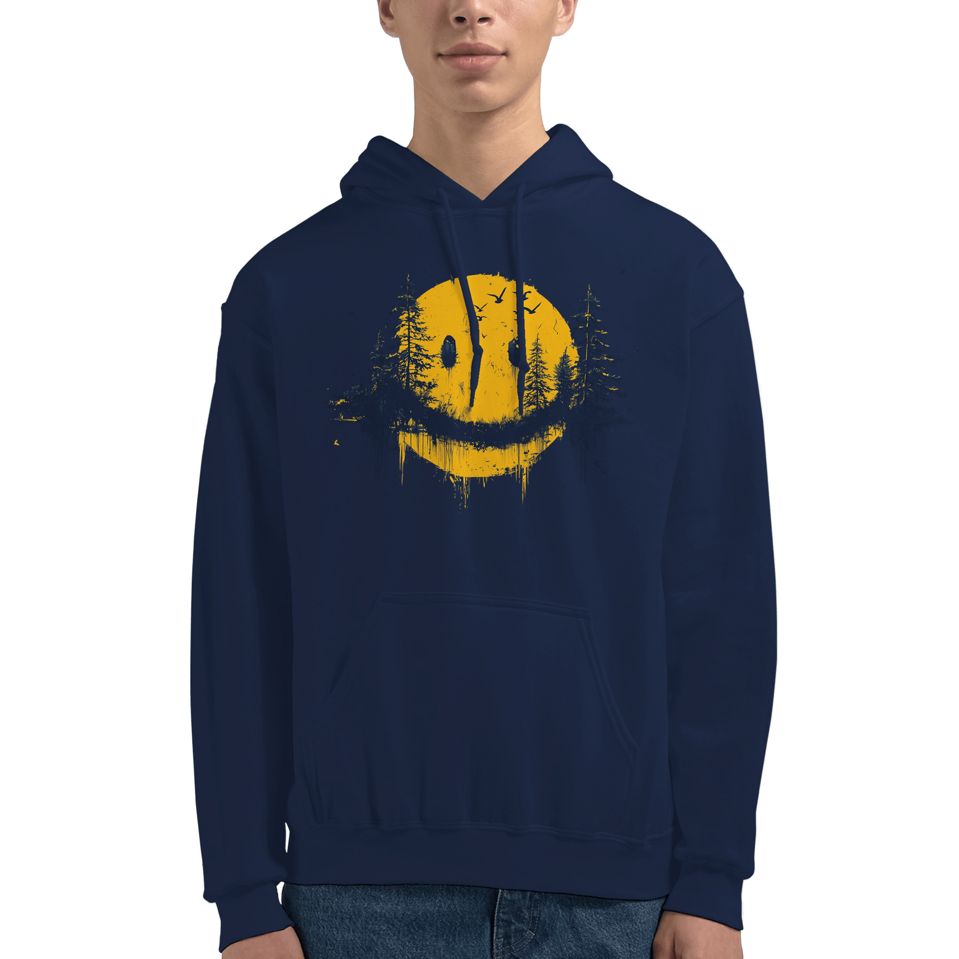 "Forest Smiley Hoodie" – Grunge Yellow Moon Hoodie – Nature Meets Streetwear - MildPrint.store