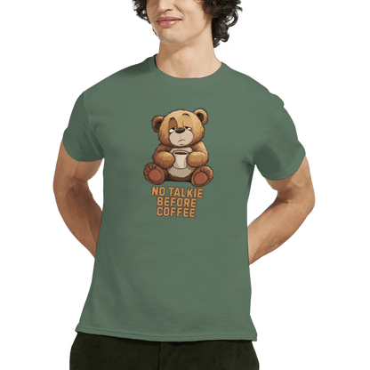 "No Talkie Before Coffee" – Funny Coffee Bear T-Shirt – Cute Lazy Morning Tee – Unisex Graphic Shirt for Caffeine Lovers (Military Green) - MildPrint.store