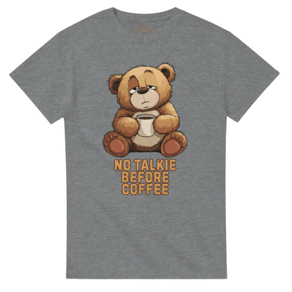 "No Talkie Before Coffee" – Funny Coffee Bear T-Shirt – Cute Lazy Morning Tee – Unisex Graphic Shirt for Caffeine Lovers (Sport Grey) - MildPrint.store