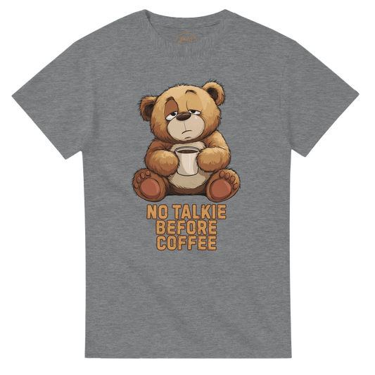 "No Talkie Before Coffee" – Funny Coffee Bear T-Shirt – Cute Lazy Morning Tee – Unisex Graphic Shirt for Caffeine Lovers (Sport Grey) - MildPrint.store
