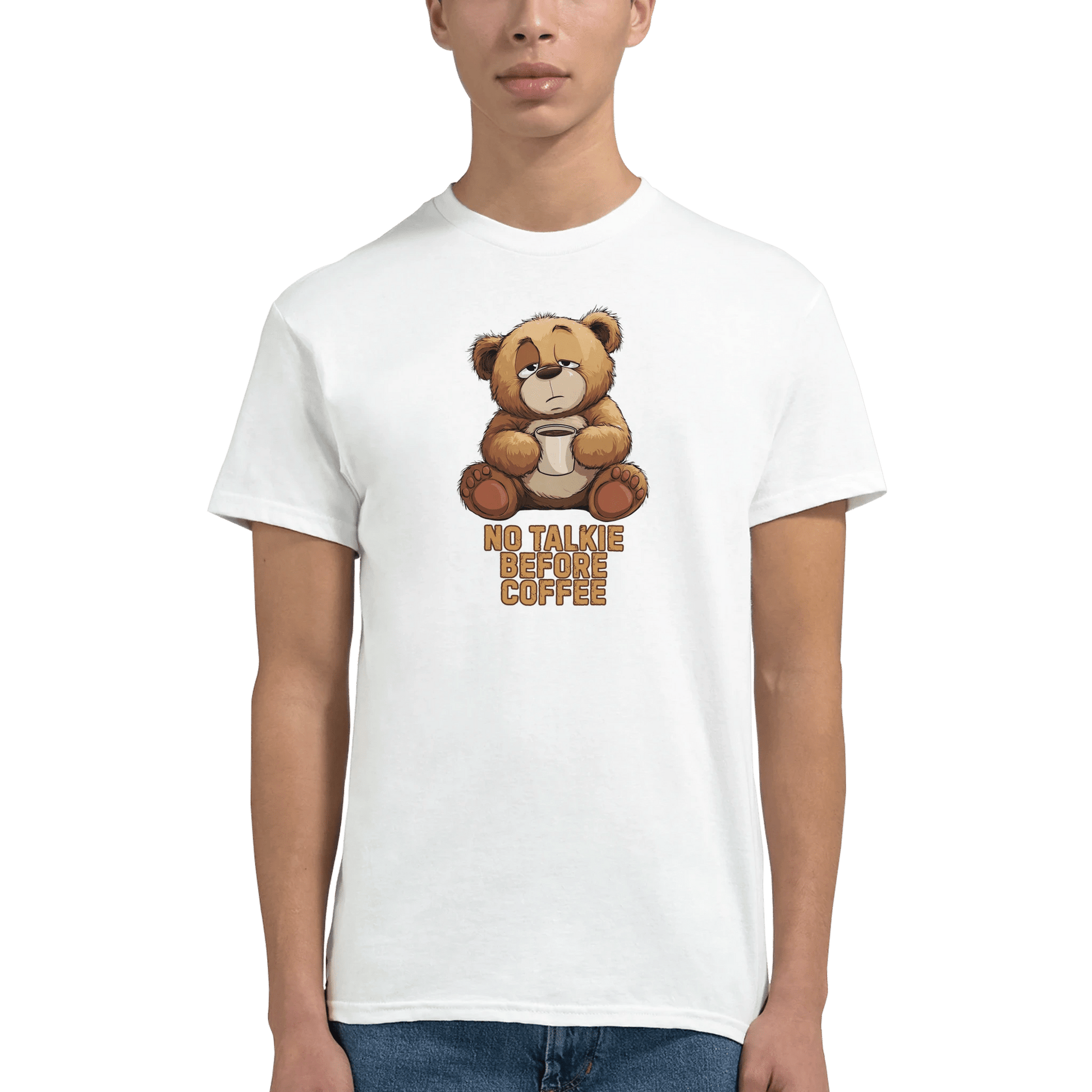 "No Talkie Before Coffee" – Funny Coffee Bear T-Shirt – Cute Lazy Morning Tee – Unisex Graphic Shirt for Caffeine Lovers (White) - MildPrint.store