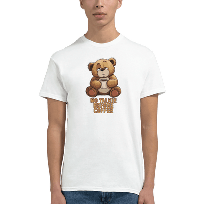 "No Talkie Before Coffee" – Funny Coffee Bear T-Shirt – Cute Lazy Morning Tee – Unisex Graphic Shirt for Caffeine Lovers (White) - MildPrint.store