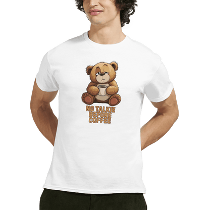 "No Talkie Before Coffee" – Funny Coffee Bear T-Shirt – Cute Lazy Morning Tee – Unisex Graphic Shirt for Caffeine Lovers (White) - MildPrint.store