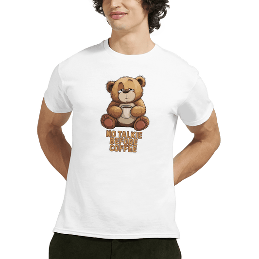 "No Talkie Before Coffee" – Funny Coffee Bear T-Shirt – Cute Lazy Morning Tee – Unisex Graphic Shirt for Caffeine Lovers (White) - MildPrint.store