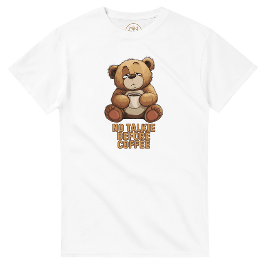 "No Talkie Before Coffee" – Funny Coffee Bear T-Shirt – Cute Lazy Morning Tee – Unisex Graphic Shirt for Caffeine Lovers (White) - MildPrint.store