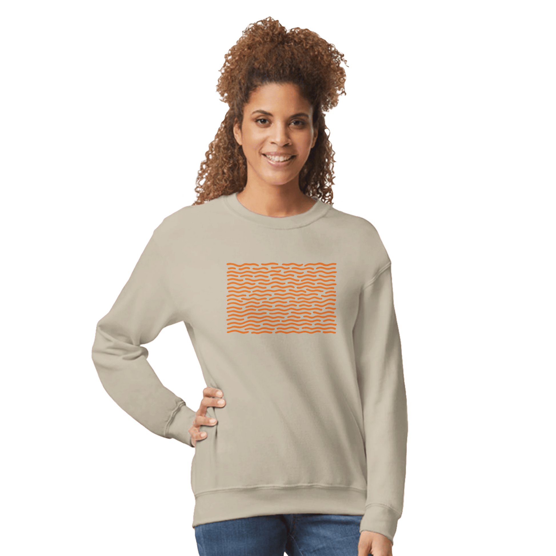 "Orange Drift" – Minimal Wavy Line Crewneck Sweatshirt (Sand) - MildPrint.store