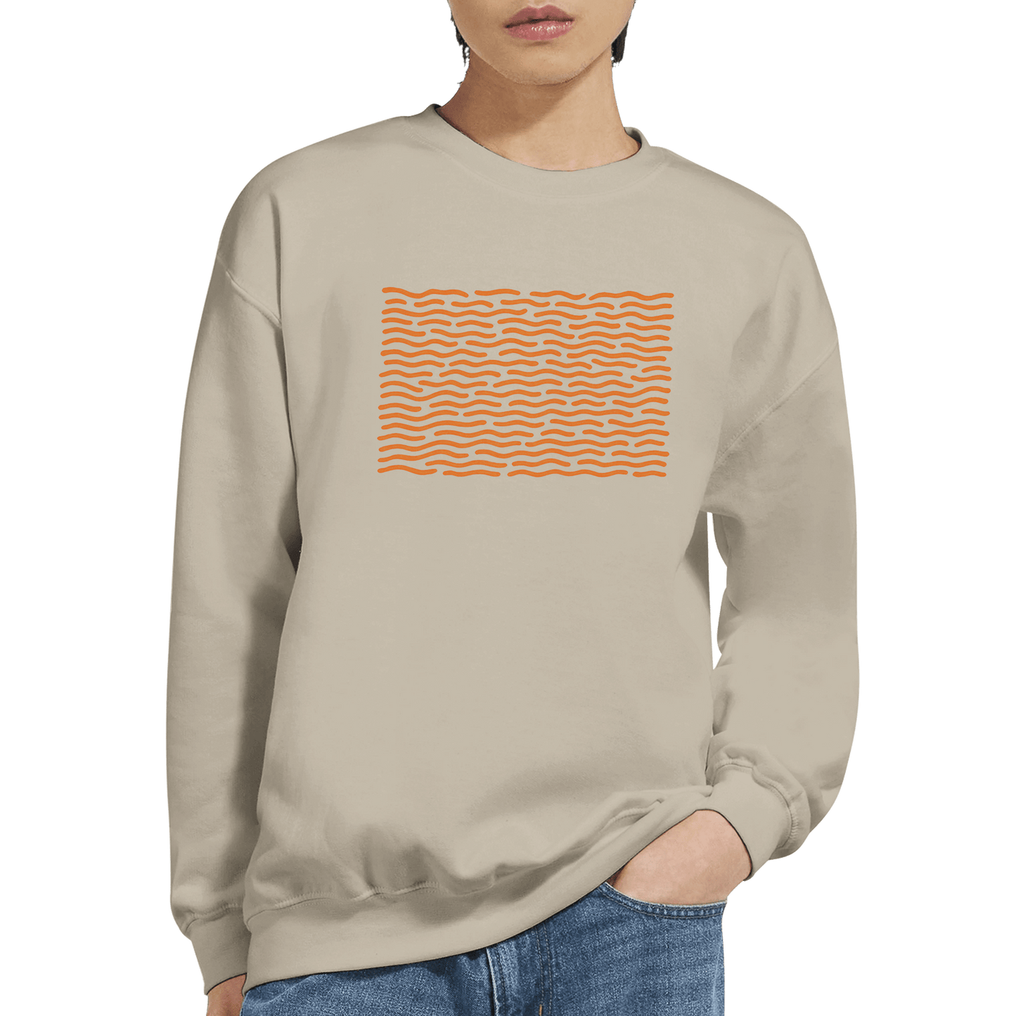 "Orange Drift" – Minimal Wavy Line Crewneck Sweatshirt (Sand) - MildPrint.store