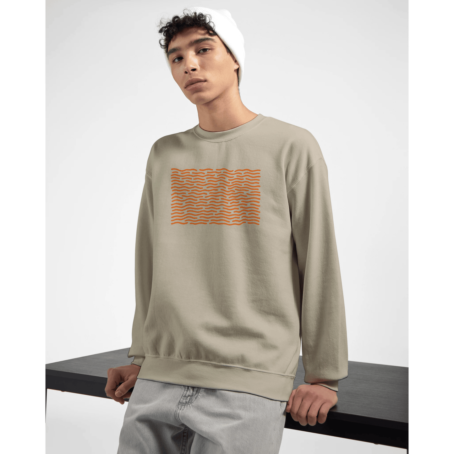 "Orange Drift" – Minimal Wavy Line Crewneck Sweatshirt (Sand) - MildPrint.store