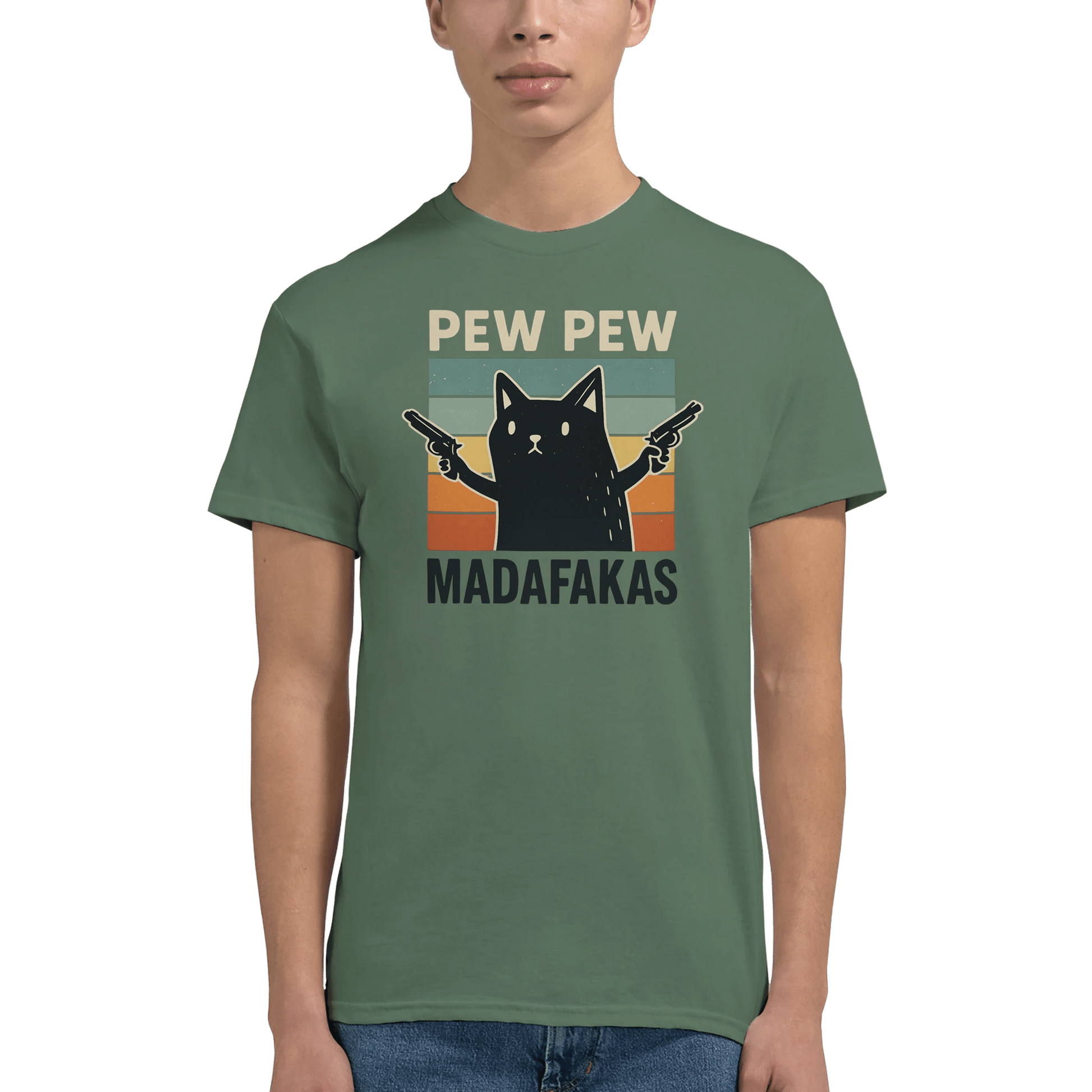 "Pew Pew Madafakas" – Funny Cat T-Shirt – Retro Meme Gun Cat Tee – Sarcastic Graphic Shirt Unisex (Military Green) - MildPrint.store