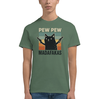 "Pew Pew Madafakas" – Funny Cat T-Shirt – Retro Meme Gun Cat Tee – Sarcastic Graphic Shirt Unisex (Military Green) - MildPrint.store