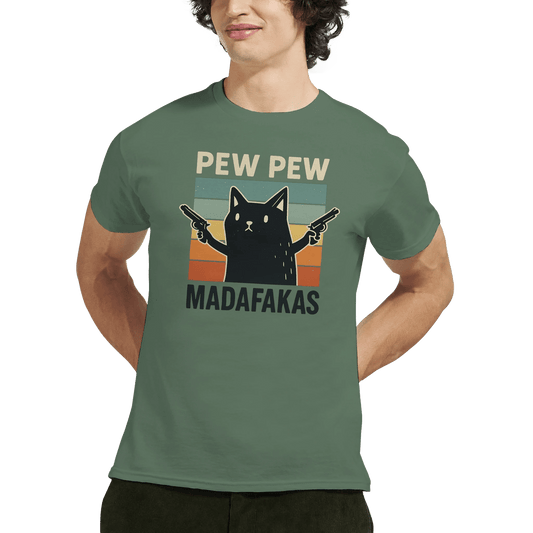 "Pew Pew Madafakas" – Funny Cat T-Shirt – Retro Meme Gun Cat Tee – Sarcastic Graphic Shirt Unisex (Military Green) - MildPrint.store