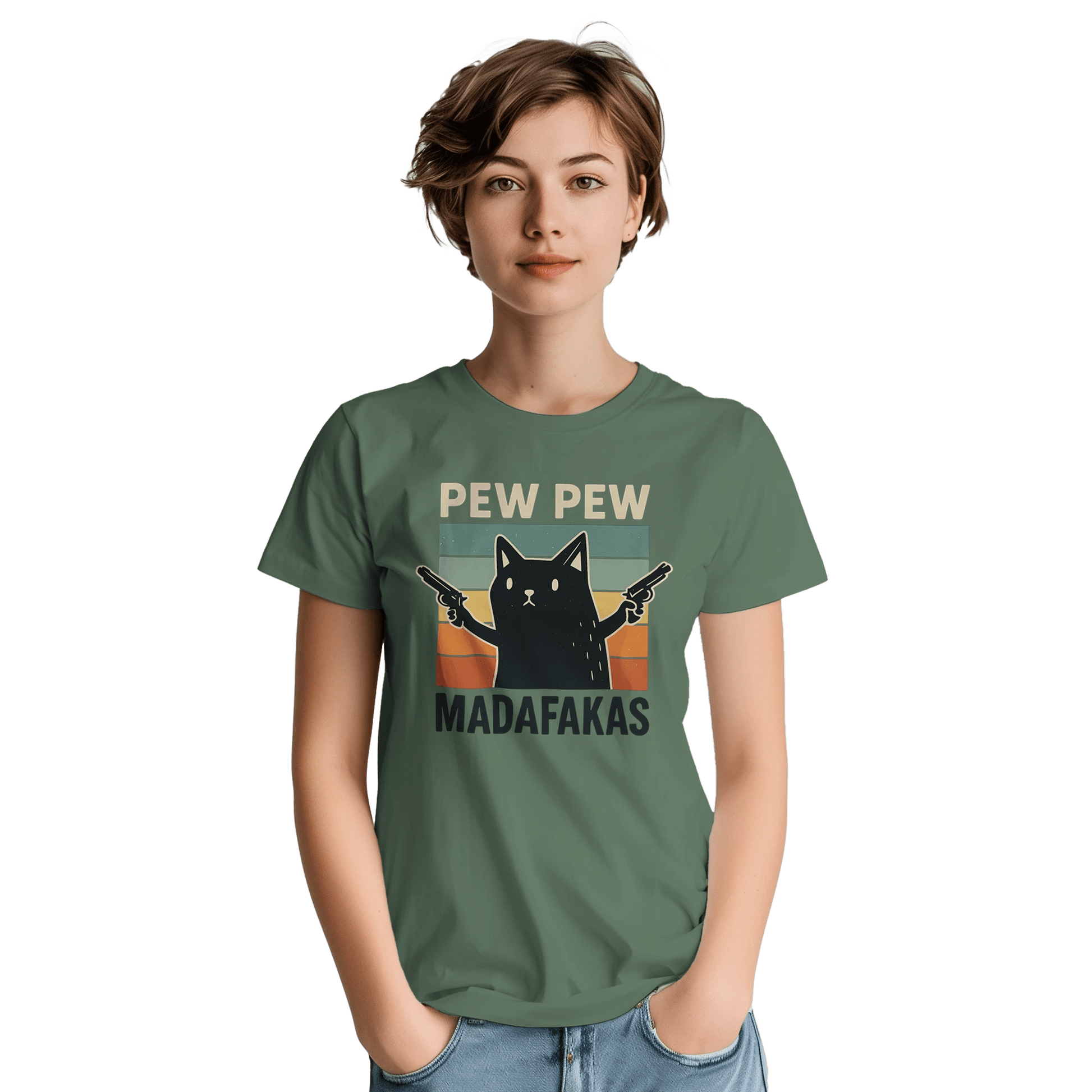 "Pew Pew Madafakas" – Funny Cat T-Shirt – Retro Meme Gun Cat Tee – Sarcastic Graphic Shirt Unisex (Military Green) - MildPrint.store