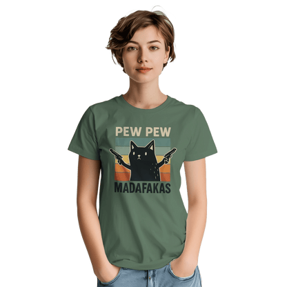 "Pew Pew Madafakas" – Funny Cat T-Shirt – Retro Meme Gun Cat Tee – Sarcastic Graphic Shirt Unisex (Military Green) - MildPrint.store