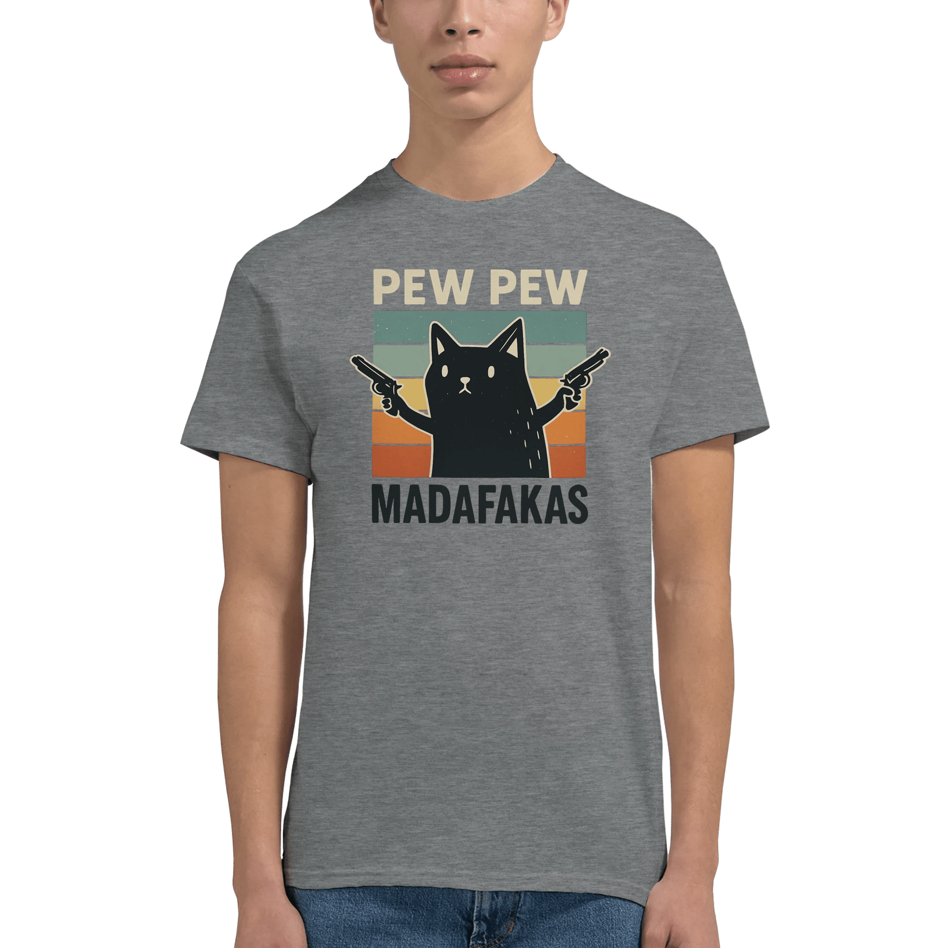 "Pew Pew Madafakas" – Funny Cat T-Shirt – Retro Meme Gun Cat Tee – Sarcastic Graphic Shirt Unisex (Sport Grey) - MildPrint.store
