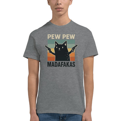 "Pew Pew Madafakas" – Funny Cat T-Shirt – Retro Meme Gun Cat Tee – Sarcastic Graphic Shirt Unisex (Sport Grey) - MildPrint.store