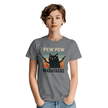 "Pew Pew Madafakas" – Funny Cat T-Shirt – Retro Meme Gun Cat Tee – Sarcastic Graphic Shirt Unisex (Sport Grey) - MildPrint.store