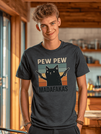 "Pew Pew Madafakas" – Funny Cat T-Shirt – Retro Meme Gun Cat Tee – Sarcastic Graphic Shirt Unisex (Sport Grey) - MildPrint.store
