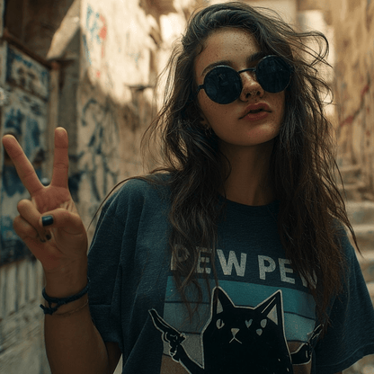 "Pew Pew Madafakas" – Funny Cat T-Shirt – Retro Meme Gun Cat Tee – Sarcastic Graphic Shirt Unisex (Sport Grey) - MildPrint.store