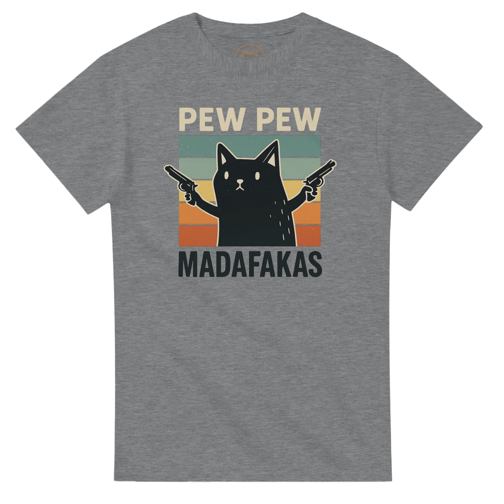 "Pew Pew Madafakas" – Funny Cat T-Shirt – Retro Meme Gun Cat Tee – Sarcastic Graphic Shirt Unisex (Sport Grey) - MildPrint.store