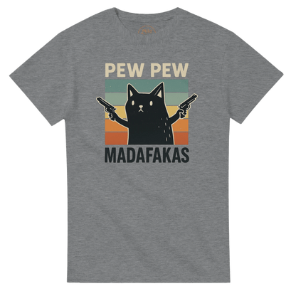 "Pew Pew Madafakas" – Funny Cat T-Shirt – Retro Meme Gun Cat Tee – Sarcastic Graphic Shirt Unisex (Sport Grey) - MildPrint.store