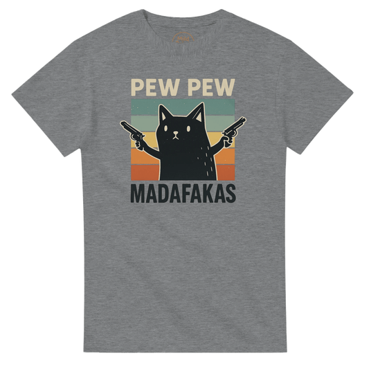 "Pew Pew Madafakas" – Funny Cat T-Shirt – Retro Meme Gun Cat Tee – Sarcastic Graphic Shirt Unisex (Sport Grey) - MildPrint.store