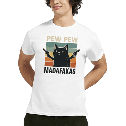 "Pew Pew Madafakas" – Funny Cat T-Shirt – Retro Meme Gun Cat Tee – Sarcastic Graphic Shirt Unisex (White) - MildPrint.store