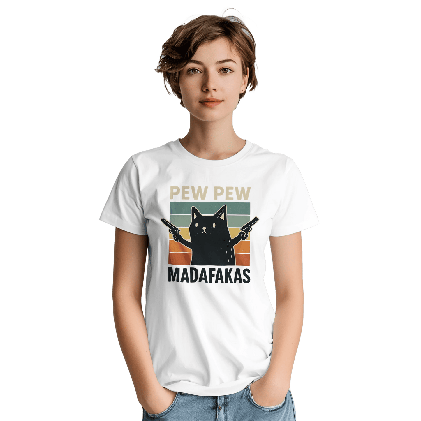 "Pew Pew Madafakas" – Funny Cat T-Shirt – Retro Meme Gun Cat Tee – Sarcastic Graphic Shirt Unisex (White) - MildPrint.store